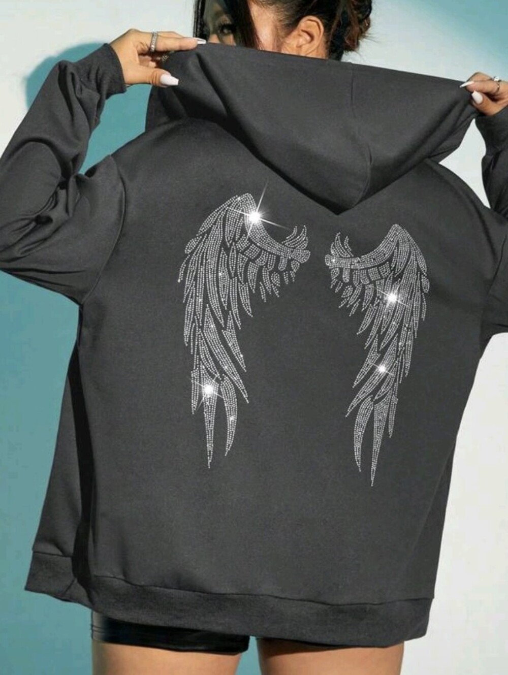 Embellished Black Hooded Sweatshirt with Sequin Wing Design
